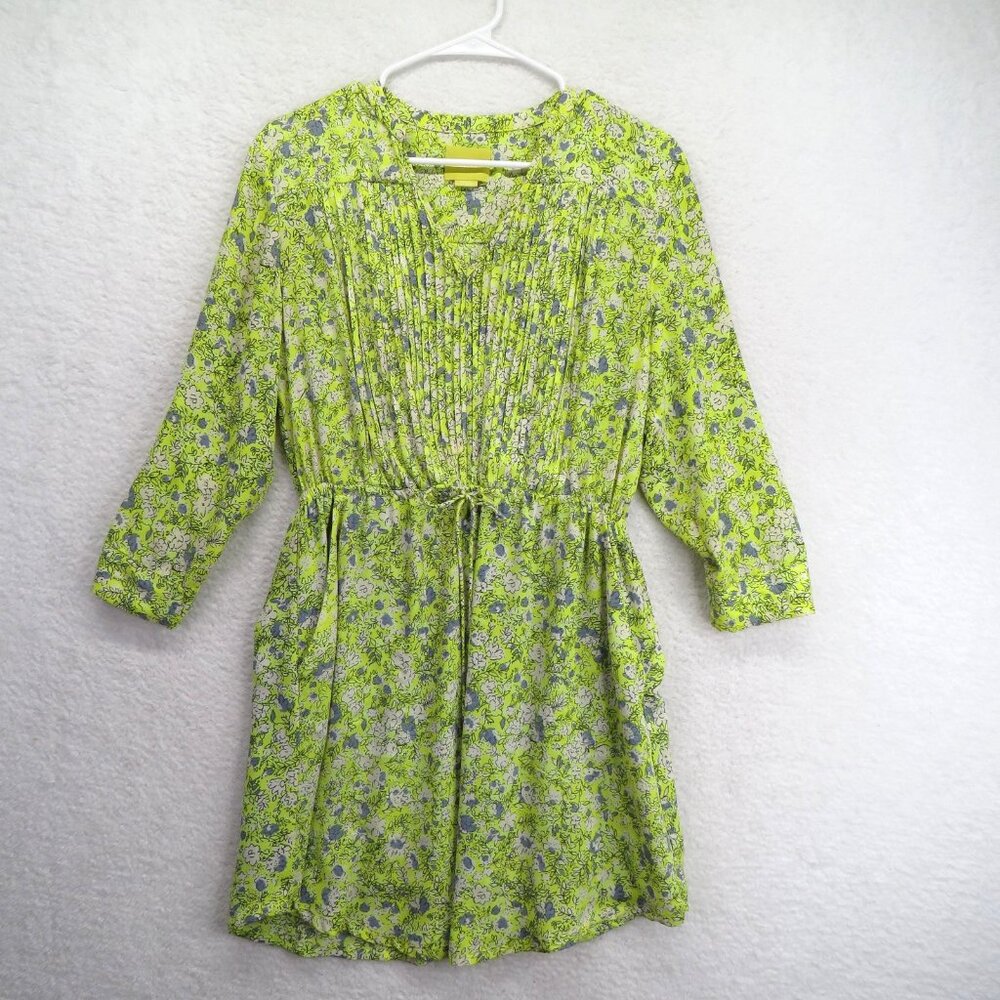 Maeve Dress Womens Small Green Floral Anthropologie Pintuck Drawstring Lined